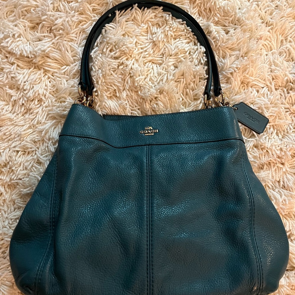 COACH Lexy Teal Pebble Leather Multi Pocket Shoulder Bag Purse 2017 in EUC